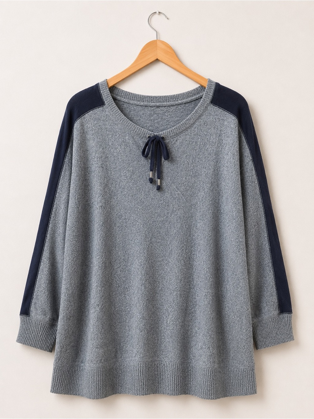 Catherine’s Cozy Grey Pullover with Navy Shoulder Stripes 1X